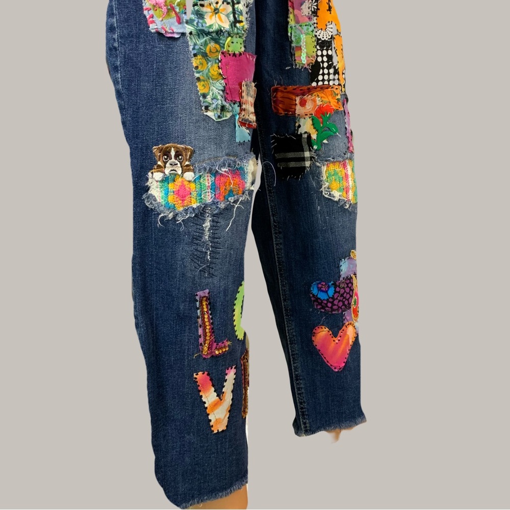 Colorful Upcycled Patchwork and Embellished Women's Denim Jean - Picture 8 of 13